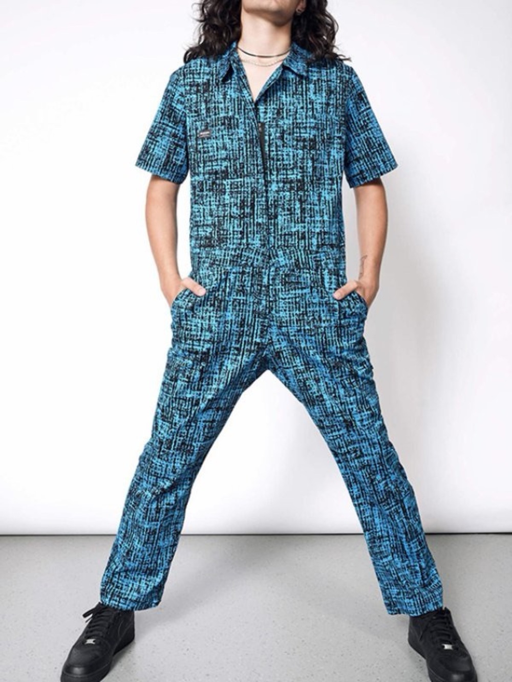 NWT Wildfang Essential Short Sleeve Coverall in Blue Print Black - Picture 2 of 7